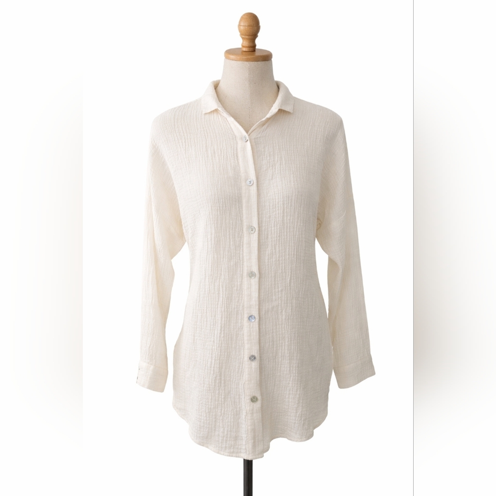 Soft Surroundings Gauze Cotton Tunic Blouse Cream Button Down Front XS